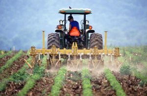 fiermier cu un tractor pe un cump unde iriga